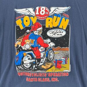 Vintage FRUIT OF LOOM Biker Santa T Shirt Mens Large Motorcycle 90s Toy Run Blue